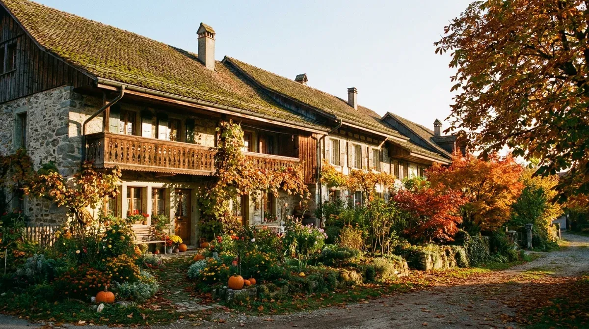 Maison mitoyenne suisse avec toit en tuiles et jardin, sous un ciel d'automne dégagé