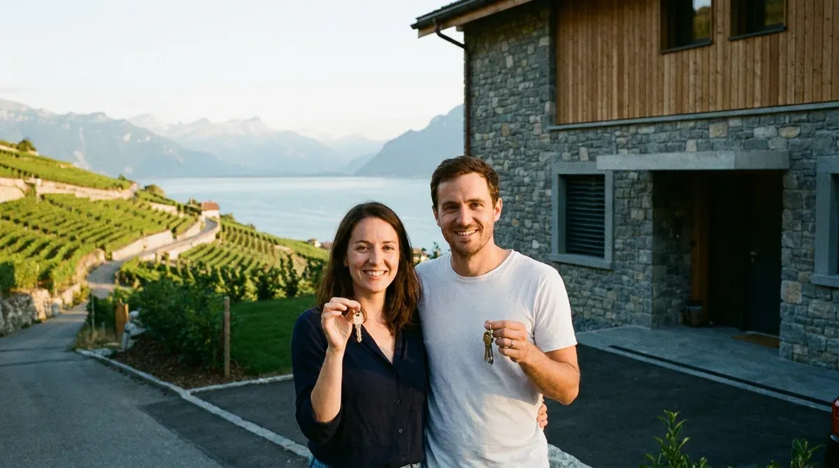 Un couple montre les clés de son nouveau logement devant un immeuble en pierre et bois, vignes en terrasses et lac en contrebas