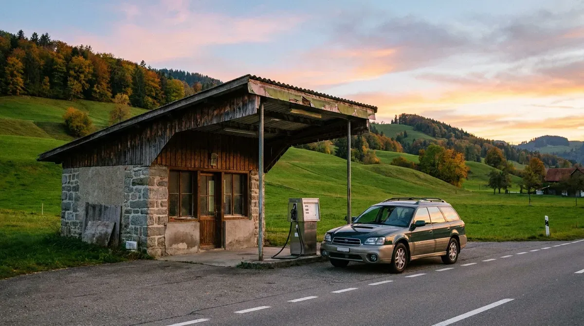 Station-service au bord d'une route suisse en début de soirée, avec une voiture à la pompe