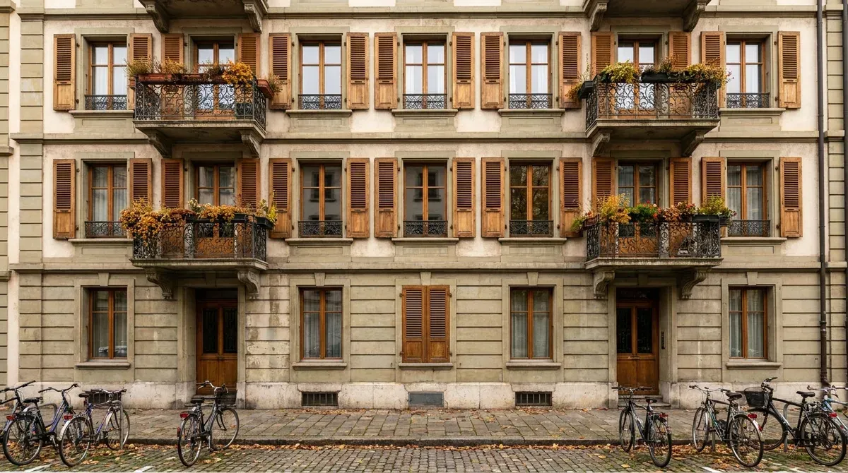 Façade d'un immeuble locatif suisse en ville, avec fenêtres alignées et balcons, sous un ciel clair