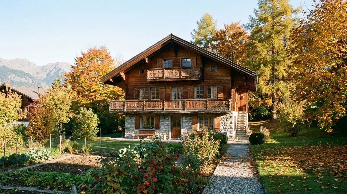 Maison individuelle suisse avec jardin dans un quartier résidentiel, par une matinée claire d'automne