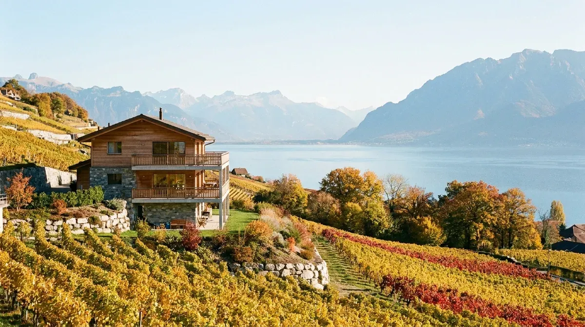 Immeuble résidentiel récent avec balcons au-dessus du lac Léman, par une journée claire d'automne