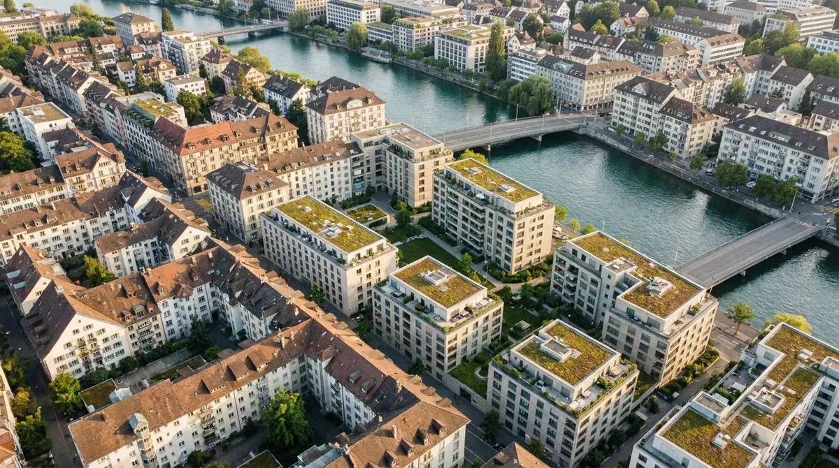 Vue sur les toits d'un quartier résidentiel de Zurich, immeubles serrés au bord de la Limmat